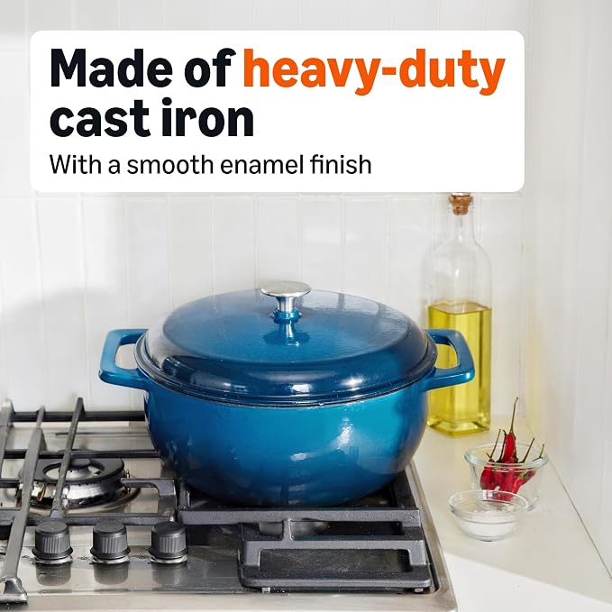 Amazon Basics Enameled Cast Iron Dutch Oven Pot with Lid, Round, Dual Handles, Heavy-Duty, Oven Safe for Stews, Roasting, Baking, 7.3-Quart, Blue