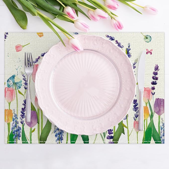 Floral Spring Placemats Set of 6, Easter Placemats Tulip Butterfly Table Mats Spring Table Decorations for Home Party 12x18 Inch
