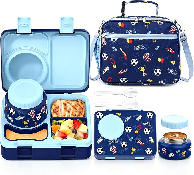 Bento Box for Kids, Leakproof Kids Lunch Box with 8.5OZ Thermo Food Jar & Lunch Bag, 3-4 Compartments Toddler Insulated Lunch Box for Girls, BPA Free Lunch Containers for School Daycare