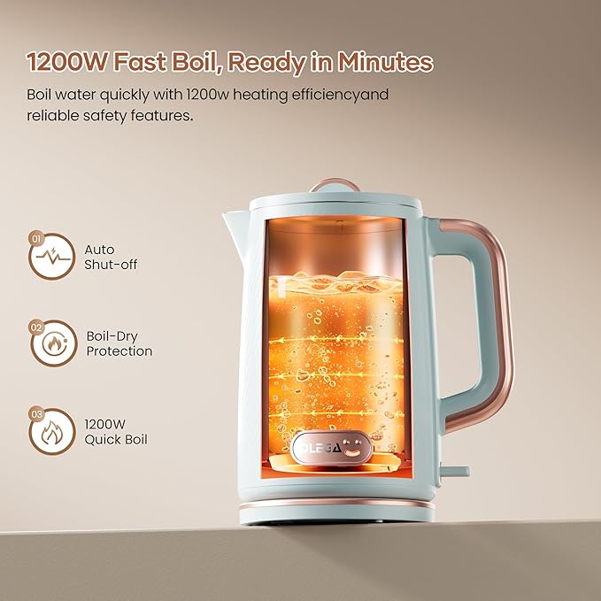 OLEGA Electric Kettle: 1200W Fast Boil Tea Kettles with Tea Infuser 1.5L | Stainless Steel Kettle; Electric Water Kettle with Strainer; Plastic Free Teapot; Auto Shut-Off Water Boiler