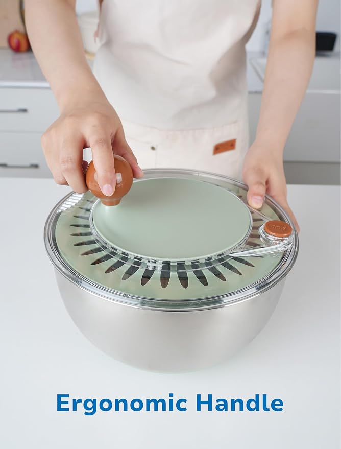 Stainless Steel Salad Spinner, BPA Free, Quick Dry & Stop, 5.3 Qt | Non-Slip Lettuce Veggie Spinner, Drain, Stop Button, Vegetable Fruit Washer, Dishwasher Safe, Also as Serving & Salad Bowl