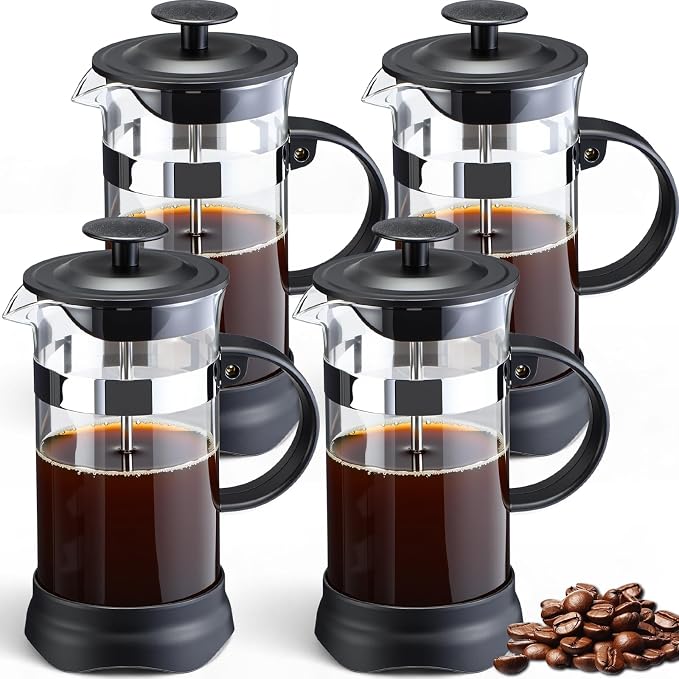 LemonRoad 4 Pack French Press Coffee Maker Borosilicate Glass Coffee Press Heat Resistant Stainless Steel Tea Maker for Travel Camping Kitchen Gifts Includes Pot Filters (34oz)