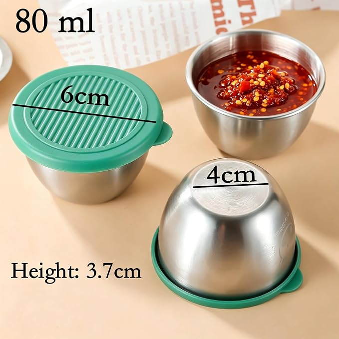 6 Pack 2.7oz Leakproof Salad Dressing Containers To Go, Reusable Stainless Steel Sauce Cups with Colorful Silicone Lids, BPA-Free Small Condiment Containers for Lunch Bento, Picnic & Travel, 80ml