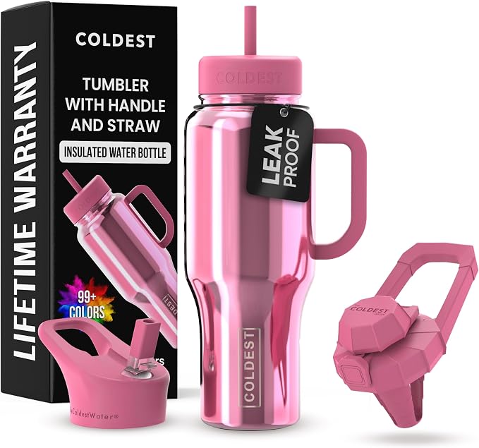 Coldest Tumbler with Handle and Straw - 100% Spill Proof Tumbler with Straw (3 Lids) - Stainless Steel Insulated Leakproof Tumblers for Women & Men - 36 oz (Pink Reflections)