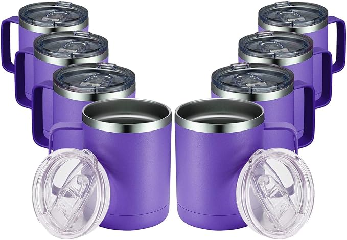 MEWAY 12oz Coffee Mug With Handle 8 Pack Bulk,Stainless Steel Insulated Travel Tumblers With Sliding Lid,Double Wall Vacuum Camping Cup for Hot & Cold Drinks Tea (Purple,Set of 8)