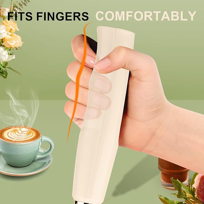 YUSWKO Handheld Milk Frother Wand for Coffee, Rechargeable Electric Whisk with 3 Heads 3 Speeds Drink Mixer Coffee Frother For Latte, Cappuccino, Hot Chocolate, Egg, Beige