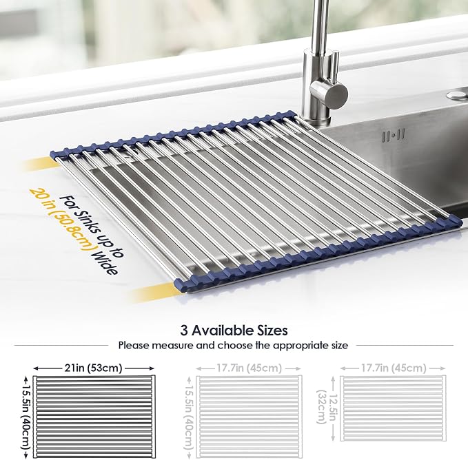 Tomorotec Roll Up Dish Drying Rack Over Sink, 304 Steel, 21x15.5, Indigo | Anti-Slip Silicone Rims For Grip, Heat-Resistant Trivet Mat Holding Heavy Cookware, Rustproof Kitchen Counter Space Saver