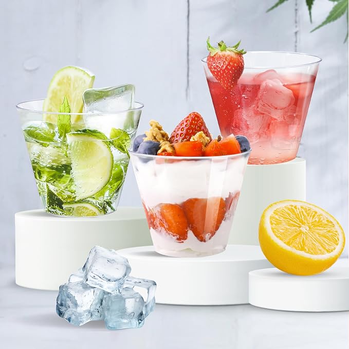 Byvivace 100Counts 9 OZ. Clear Plastic Cups Old fashioned Party Cups, Sturdy Plastic Wine Glasses Disposable Cups for Wedding Party