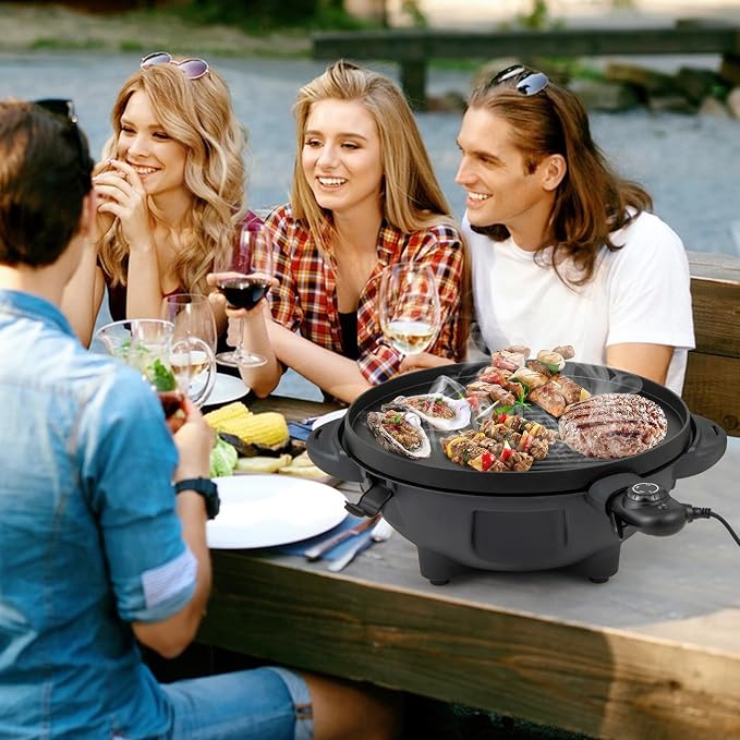 Giantex Electric Grill Outdoor Indoor, Portable BBQ Grill | Thermometer, Nonstick Griddle, Drip Tray, Condiment Tray, Freestanding & Tabletop, for Patio Apartments Backyard Party