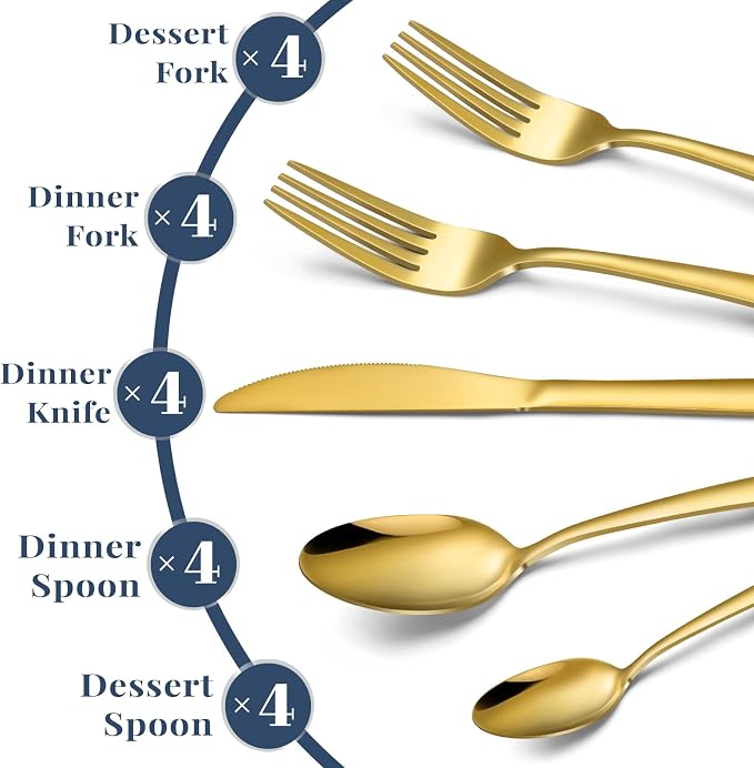 Hunnycook 20-Piece Gold Silverware Set - Stainless Steel Silverware Set for 4, Includes Forks Spoons and Knives, Utensil Sets for Home Kitchen Restaurant, Dishwasher Safe