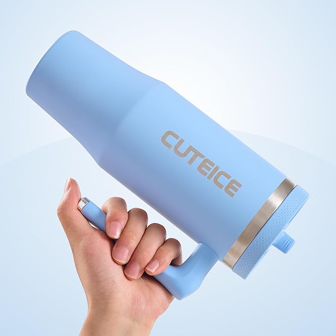 Blue Tumbler with Straw and Handle Coffee Travel Mug with Lid Leakproof Insulated Cup Stainless Steel Mug for Iced Tea, Coffee, Cold Beverages Fits in Car Cup Holder Skyblue Water Bottle for Office