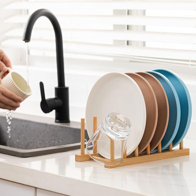 HBlife Bamboo Dish Plate Bowl Cup Book Pot Lid Cutting Board Drying Rack Stand Drainer Storage Holder Organizer Kitchen Cabinet（Keep Dry）