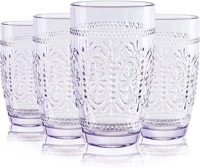 Colored Vintage Drinking Glasses Set of 4, 15.5 oz Romantic Embossed Water Glasses, Colored Tumblers Tempered Glass for Juice, Beverages, Beer, Cocktail