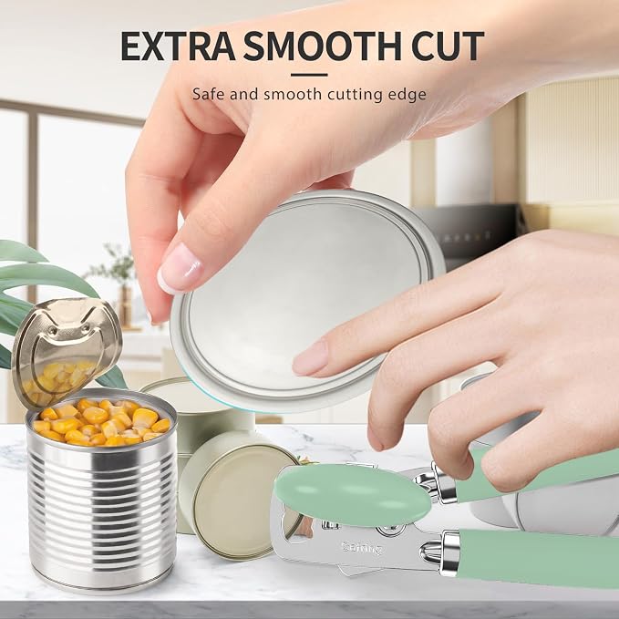 Safring Can Opener Manual, Heavy Duty Stainless Steel Smooth Edge Can Opener With Soft Touch Handle, Oversized Handheld Easy Turn Knob, Multi-Function Bottle Opener, Mint