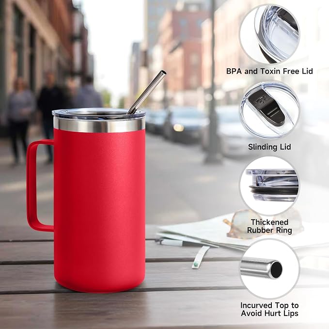 Volhoply 22oz Insulated Stainless Steel Coffee Mugs with Leakproof Lid Bulk 2 Pack,Double Wall Vacuum Travel Coffee Cup with Handle,Reusable Metal Tumbler,Camping Mug Keep Hot&Cold(Red,2)