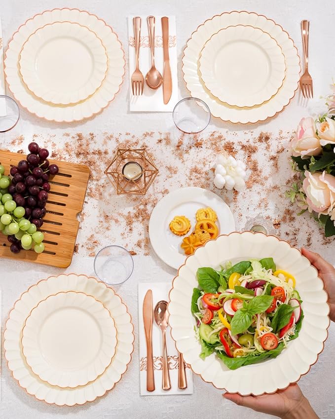 YOUBET 175PCS Ivory Scalloped Plastic Plates with Rose Gold Rim for Party | Rose Gold Disposable Dinnerware Set Include 50 Plates, 75 Rose Gold Silverware, 25 Cups, 25 Napkins for Wedding Baby Shower
