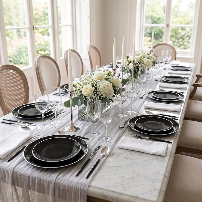DaYammi 30 Guests Black Plastic Plates with Disposable Silverware,Silver Cutlery with Black Handle,Silver Disposable Dinnerware:60 Dinner/Dessert Plates,90 Plastic Silverware Set for Party Wedding