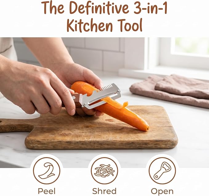 Multifunction Vegetable Peeler with Bottle Opener, 2PCs 3 in 1 Peeler | Durable Stainless Steel Blade, Ergonomic Wooden Handle, Easy to Peeling, Shredding, Open Bottles, easy to clean and store