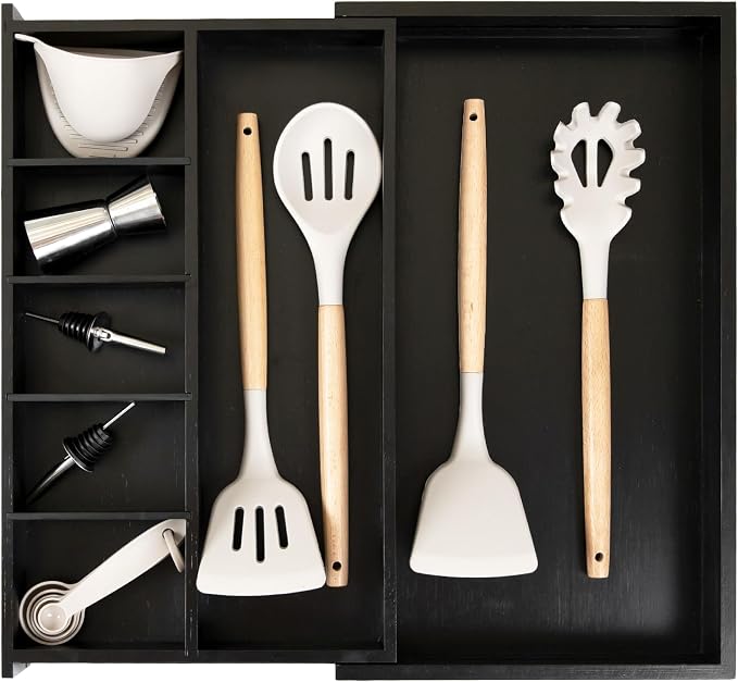 Utensil & Junk Drawer Organizer, 10.5-19 in, Black Bamboo | Food-safe contract grade, 100% sustainable wood, non-slip, adjustable