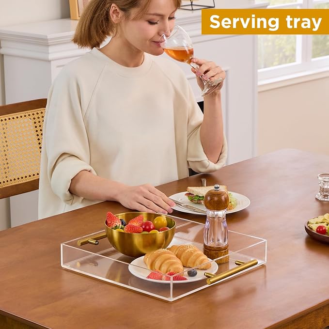 12"x12" Clear Acrylic Serving Tray with Golden Handles, Sturdy Huge Capacity Acrylic Trays for Coffee, Juice, Kitchen and Desk Organizer, Storage Tray (12"x12")