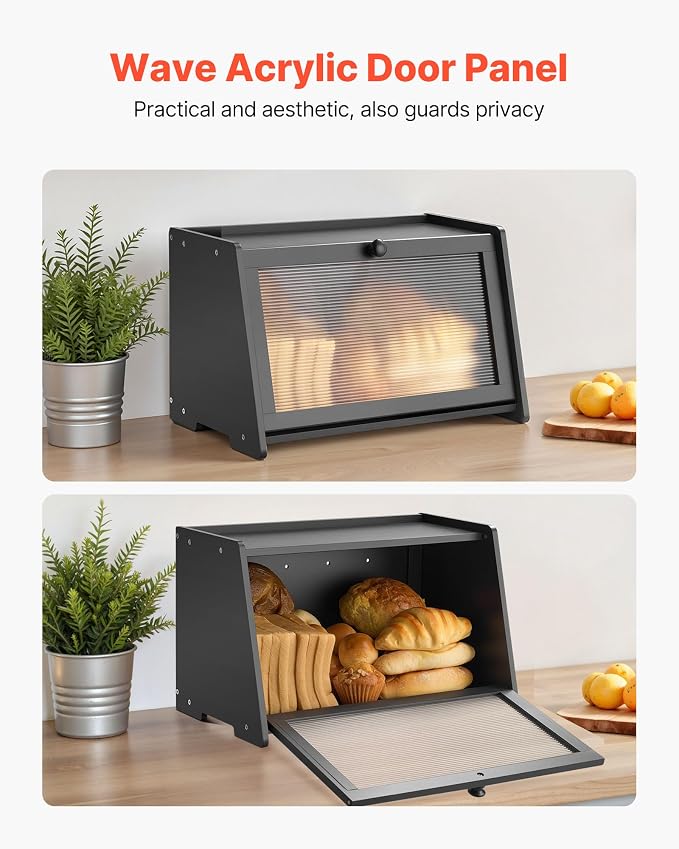 VEVOR Bread Box for Kitchen Counter, Large Capacity Bamboo Bread Storage Container, Farmhouse Wooden Breadbox Organizer for Homemade Bread, Storage Holder Bin with Acrylic Wavy Door Panel, Black