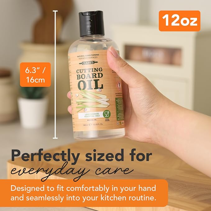 CLARK'S Cutting Board Oil 12 Oz, Food Grade Mineral Oil - Lemongrass Scent | Mineral Oil for Wood Cutting Board Added Lemongrass Essential Oils - Butcher Block Conditioner - Restores and Protects Wood