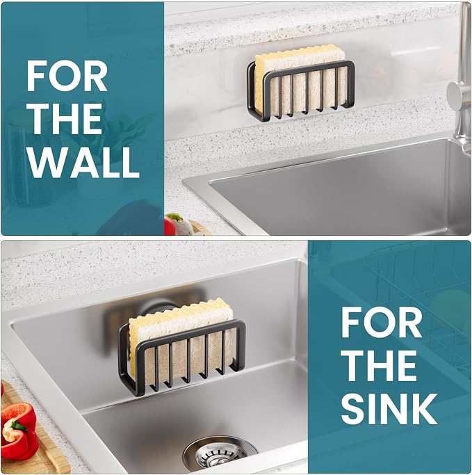 TAILI Sink Caddy with Strong Suction Cup, Sponge Holder for Kitchen-Black | Sponge Caddy for Kitchen Sink Oganizer, Removable Rustproof Aluminum Sponge Holder for Dish Brush, Scraper, Scrubber