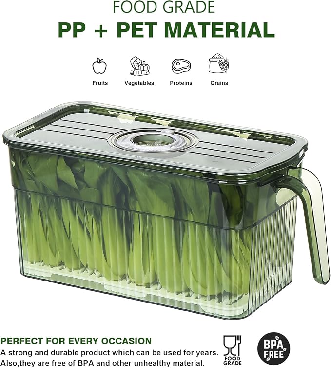 2Pack Stackable Food Storage Produce Saver Containers for Refrigerator, Berry Keeper Boxes for Fridge with Removable Drain Tray Keep Fresh for Vegetables/Fruit/Meat/Salad- 10.23'' x5.4'' x5.2''