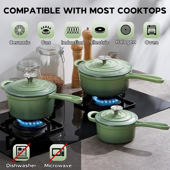 Onader 1QT & 2QT & 3QT Saucepan with Lid, Enameled Cast Iron Sauce Pan, Small Cast Iron Pot for Cooking, Enameled Dutch Oven, Nonstick & Heavy Duty – Pistachio Green