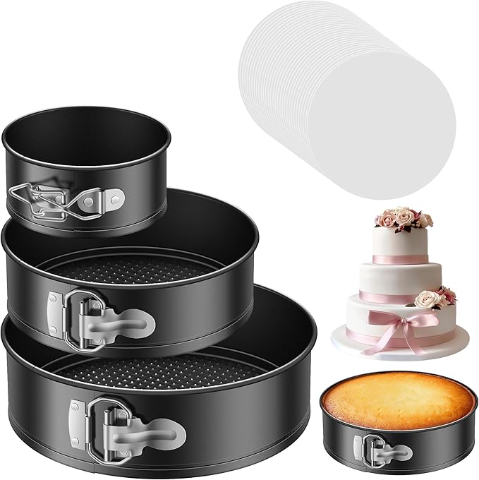Kootek Cake Pan Set of 3, Springform Pans 4, 7, 9 Inch, 50 Parchment Paper | Carbon Steel, Nonstick Coating, Removable Bottom, Easy Release Baking Pans, Rust-Proof, Oven Safe, Round Cheesecake Pan
