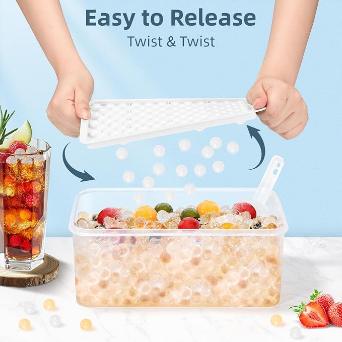 Mini Ice Cube Trays for Freezer with Lid, 0.55" Pebble Ice | 4 Trays-White, with Ice Box & Scoop. for Coffee, Bottle, Juice & Drinks, Easy Twist Release, Stackable