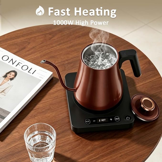 Gooseneck Electric Kettle 1.0L,1000W, Smart, Pour Over, Copper | 104-212°F, LED Digital Display, Touch control, Keep Warm, 304 SS BPA-Free, Auto Shut-Off, BPA-Free, For Pour Over & Tea