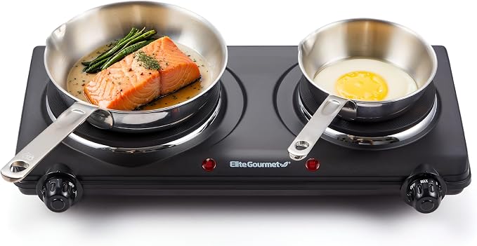 Elite Gourmet EDB-302BF# Double Cast Iron Burner, 1500W Hot Plate, Black | Adjustable temperature control, power indicator lights, easy-to-clean surface, countertop design