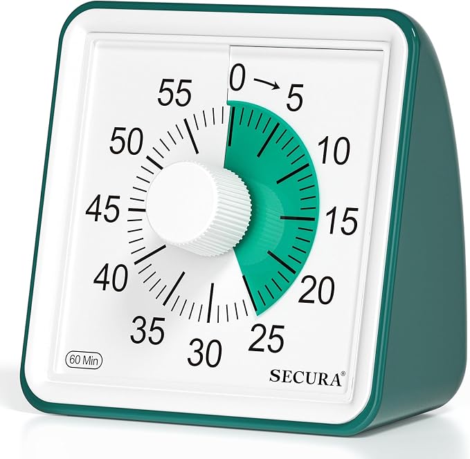 Secura Visual Timer for Kids, 60 Minute Classroom Countdown Timer for Study | Non-Ticking, Adjustable Alarm Volume/Duration, Low Power Reminder, Time Management Tool for ADHD (Dark Green & Dark Green)