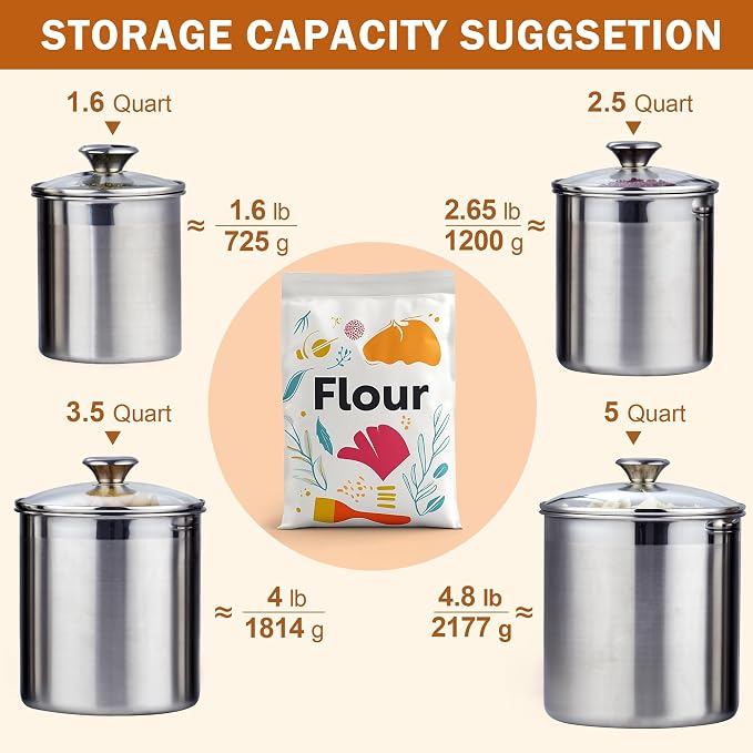 Cooks Standard Large Airtight Kitchen Canister Set for Coffee, Flour & Sugar Storage – 18/10 Stainless Steel Food Storage Containers with Glass Lid – Pantry Organization Jars, 4 Pack (5 Qt to 1.6 Qt)