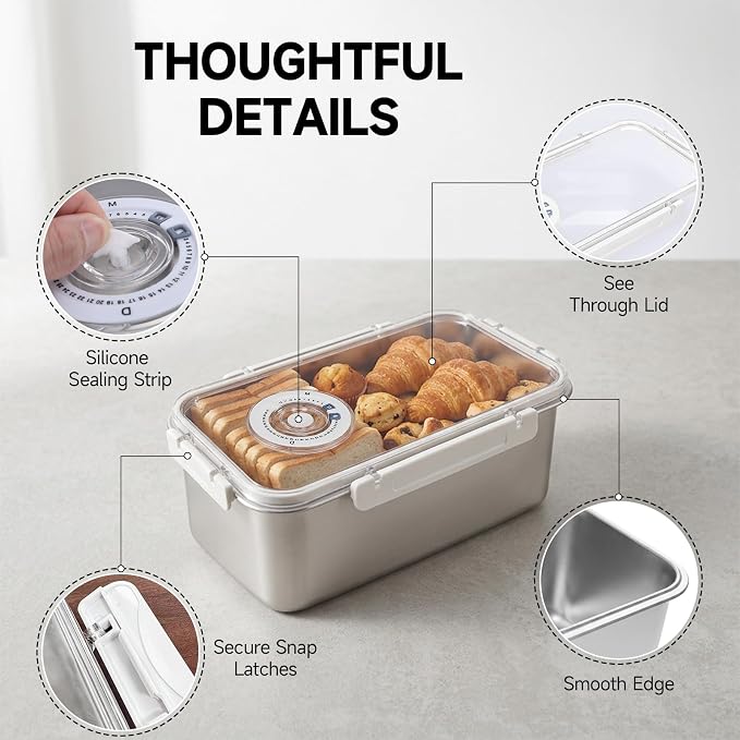 Large Stainless Steel Bread Storage Box with Lid | Large Capacity, Airtight Fresh-Keeping See-through Lid, Time Recording, Perfect for Homemade Loaf, Toast, Bagel and Cookies