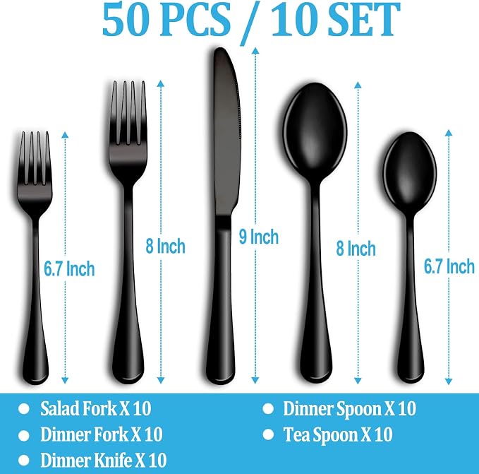 50 Pcs Black Silverware Set, Stainless Steel Flatware Set Service for 10, Mirror Polished Cutlery Utensil Sets, Durable Home Kitchen Eating Tableware Sets, Include Fork Knife Spoon, Dishwasher Safe