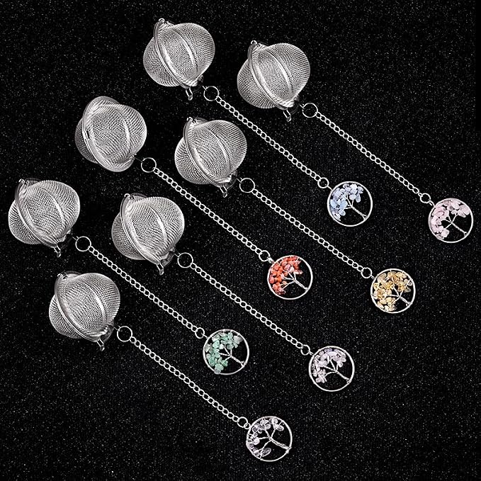 5 Pcs Stainless Steel Tea Ball Infusers with Tree of Life Crystal Charms, Fine Mesh Tea Strainers with Extension Chain & Hook for Loose Leaf Tea, Spices, Seasonings