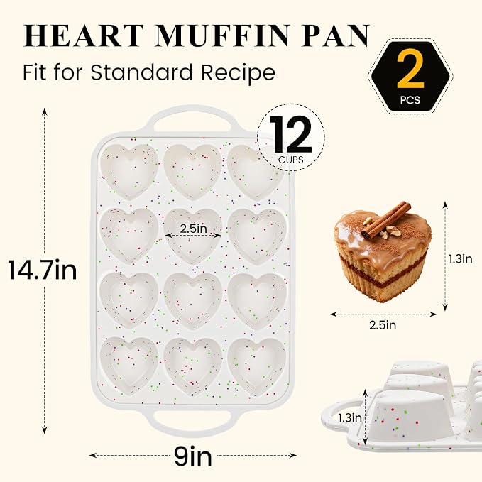 Heart Shaped Muffin Pan, Silicone Heart Mold with Metal Reinforced Frame | 2 Pcs, Nonstick, BPA Free, Oven Dishwasher Safe, Food-Grade Silicone, 12-Cavity for Muffins, Cupcakes, Bread