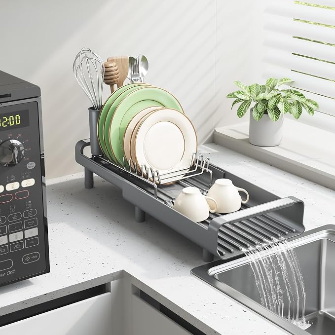 TOOLF Small Dish Drying Rack, Expandable and Space-Saving, Gray | Mini Dish racks for kitchen counter, Compact Design Fits Sink or Counter, Stainless Steel Plate Rack, 11"-19.3"L×7.7"W×3.54"H