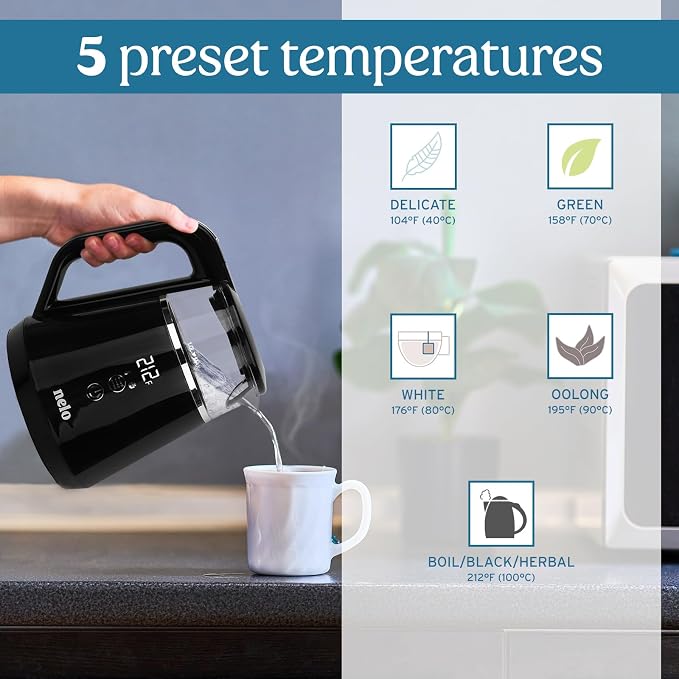 NELO Electric Kettle with 5 Temperature Control Presets, Large Digital Temperature Display, Multi-Colored LED Indicator Lights, Black Tea Kettle & Hot Water Boiler, 360° Base, BPA-Free, 1 Liter