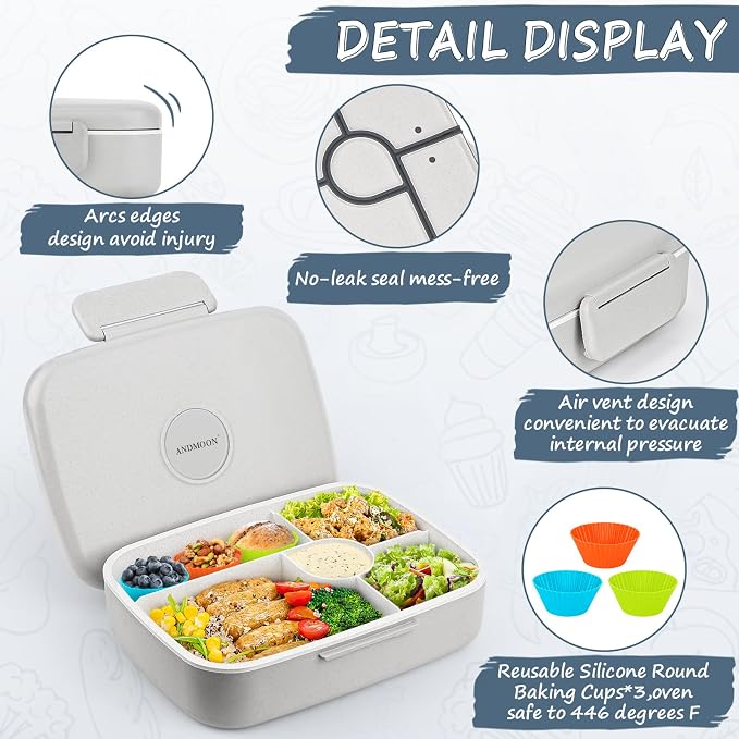5 Compartmets Bento Box Adult Lunch Box with 3 Silicone Baking Cups