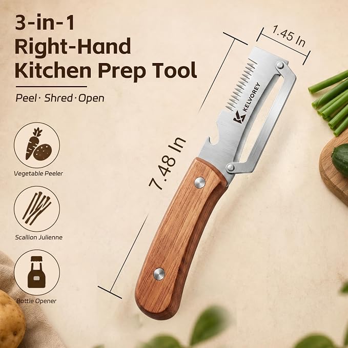 2027 NEW 3-in-1 Multifunctional Vegetable Peeler for Right Hand | Stainless Steel Peeler Knife with Scallion Shredder, Bottle Opener, Wood Handle for Fruits, Vegetables, Kitchen, BBQ, Camping