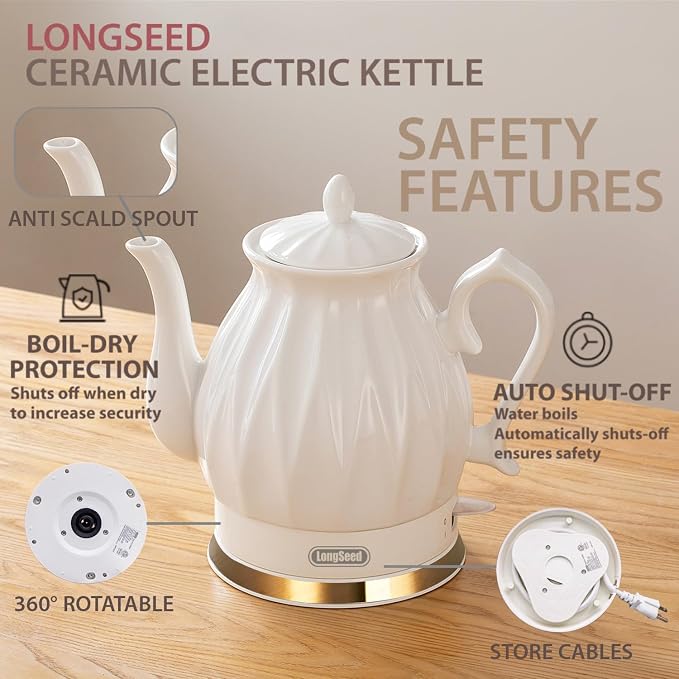 Ceramic Electric Kettle, 1.5L/1200W Boil Water Quickly and Easily with Boil-Dry Protection Auto Shut Off, Detachable Swivel Base, Diamond Cut Glazed