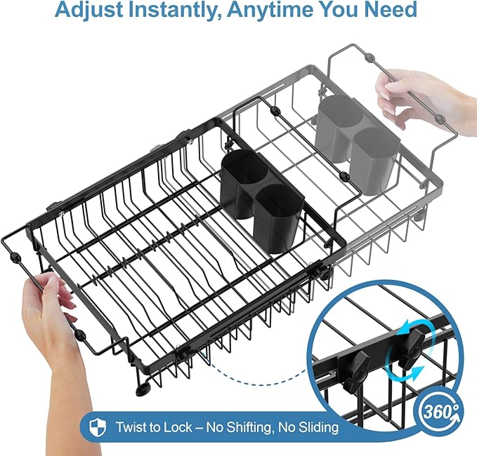 Expandable Dish Drying Rack for Large Kitchen Sink, eavy Duty Adjustable Over Sink Dish Drainer with Square Corners, Rust Resistant with Lock Knob, Fit for Modern Single & Double Sinks, Black