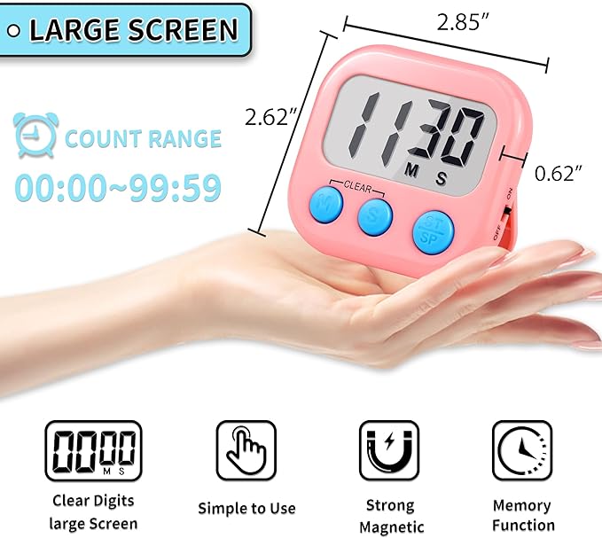 Timer for Kids Digital Kitchen Timers for Cooking- 2 Pack Blue Pink | Countdown Timer for Classroom Study Exercise Teacher Supplies, Strong Magnetic, Loud Alarm, Large Screen, Fast Reset, Memory
