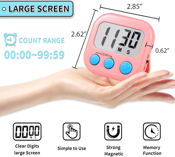 Timer for Kids Digital Kitchen Timers for Cooking- 12 Pack Blue Pink | Countdown Timer for Classroom Study Exercise Teacher Supplies, Strong Magnetic, Loud Alarm, Large Screen, Fast Reset, Memory