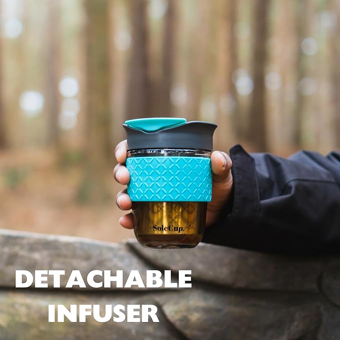 Travel Mug Loose Tea Infuser - Detachable Tea Strainer with Spillproof Lid - BPA-Free Reusable Glass Travel Coffee Cup with Silicone Band (Red, 12oz)