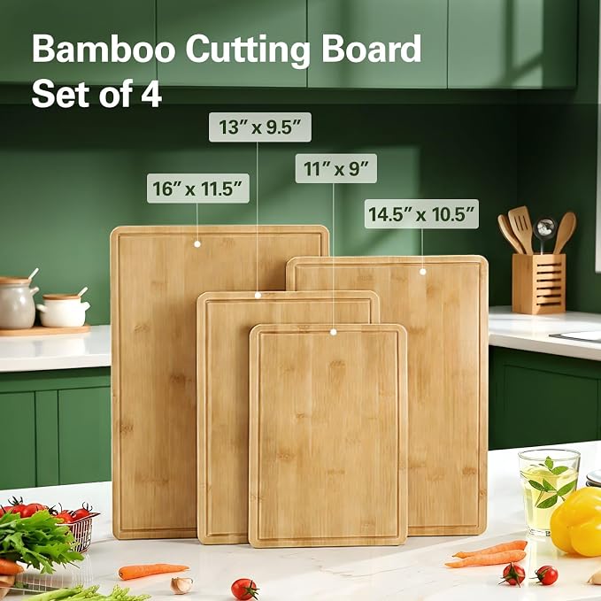 Zarler Bamboo Cutting Boards for Kitchen, 4 Piece Durable Wood Cutting Board with Juice Grooves and Handles, Wooden Chopping Board Set for Meal Prep, XL Size, Ideal Kitchen Gift