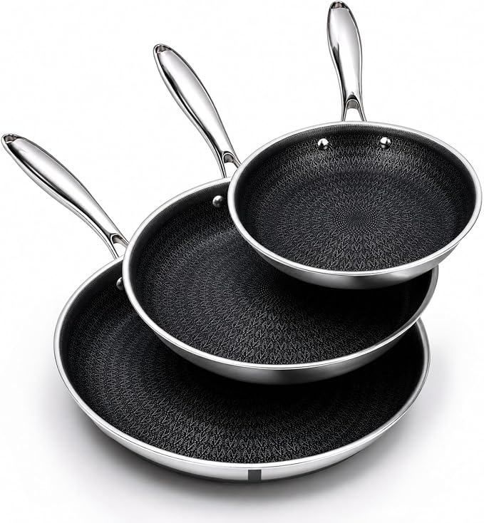 Ammeloo Hybrid Tri-Ply Stainless Steel Frying Pan Set, 8"/9.5"/11" Cooking Pans, Non Stick Frying Pans and Skillets, Chef Pan, Non Toxic, Dishwasher Safe, Induction Compatible, Black Interior